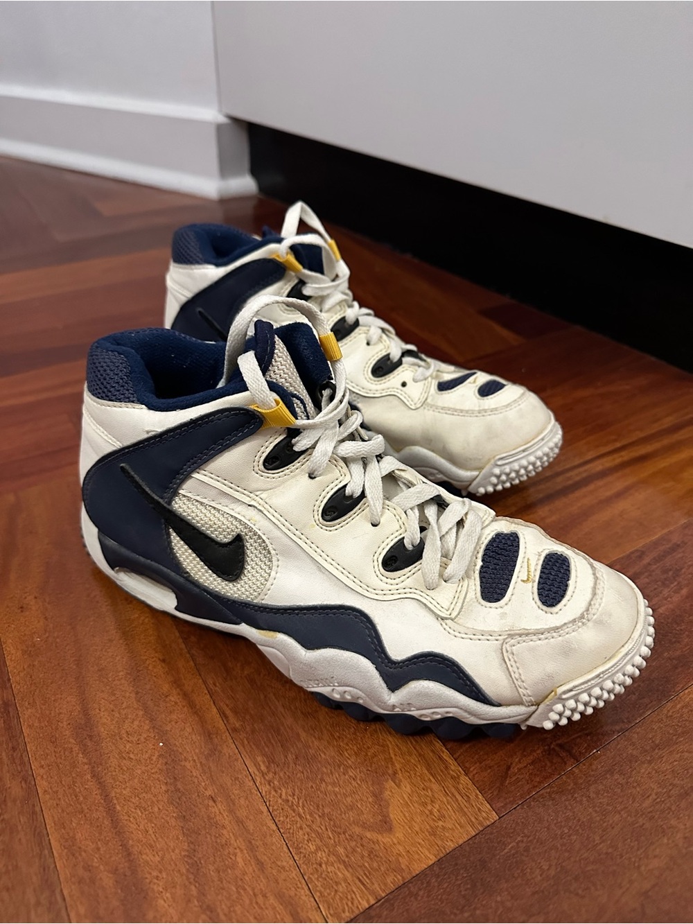 Vintage Nike Men’s White, Navy and Yellow High-Top Sneakers